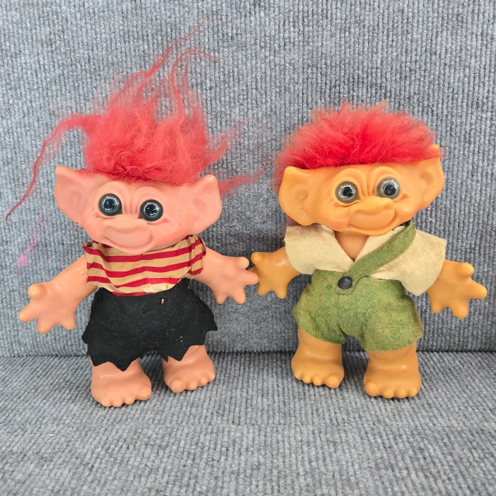 2 Vintage 1960s Thomas Dam Troll Doll Banks Red Hair 7" Felt Pirate Wishnik